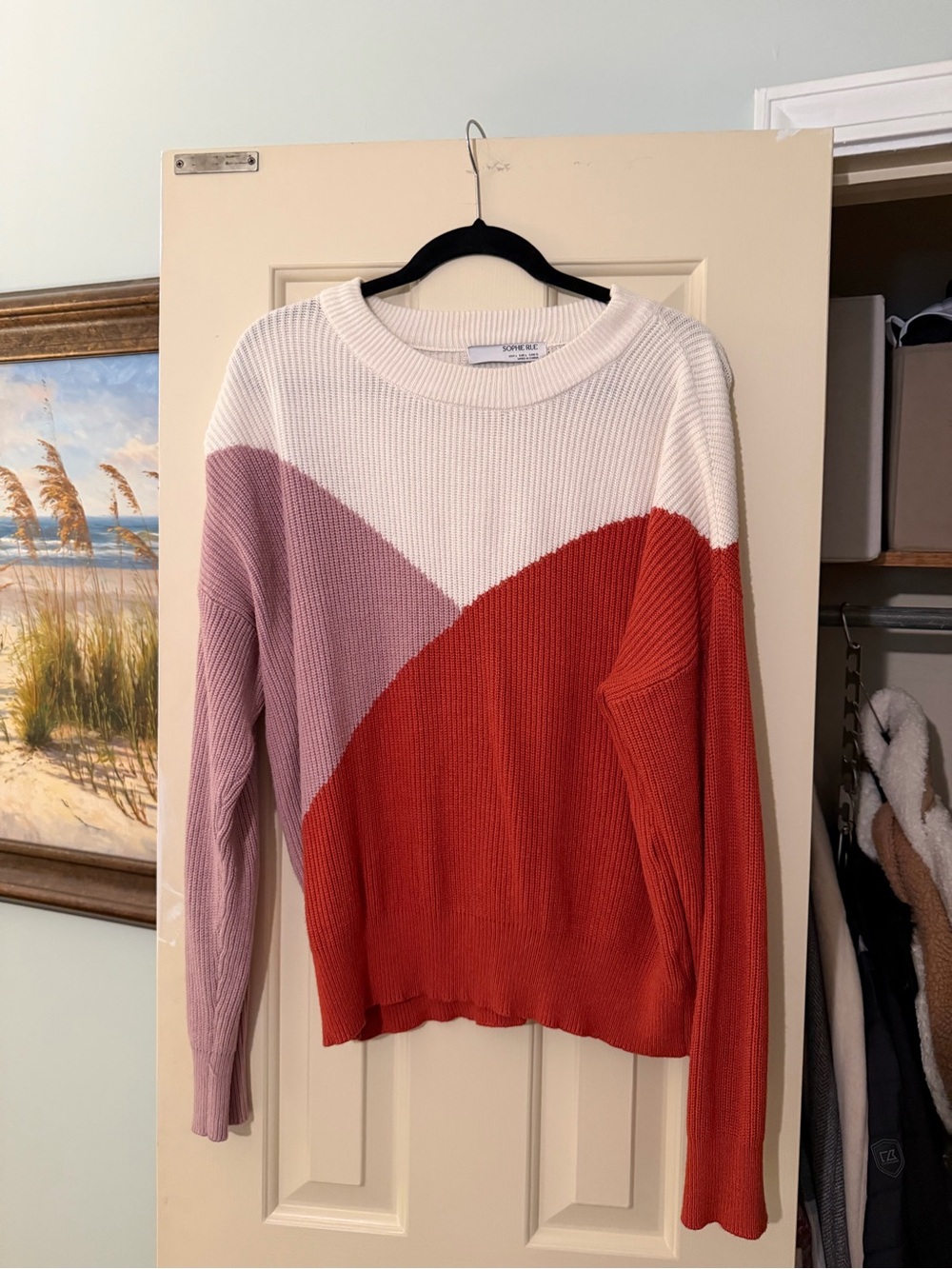 Sophie Rue Colorblock Crewneck Sweater - White, Mauve & Coral